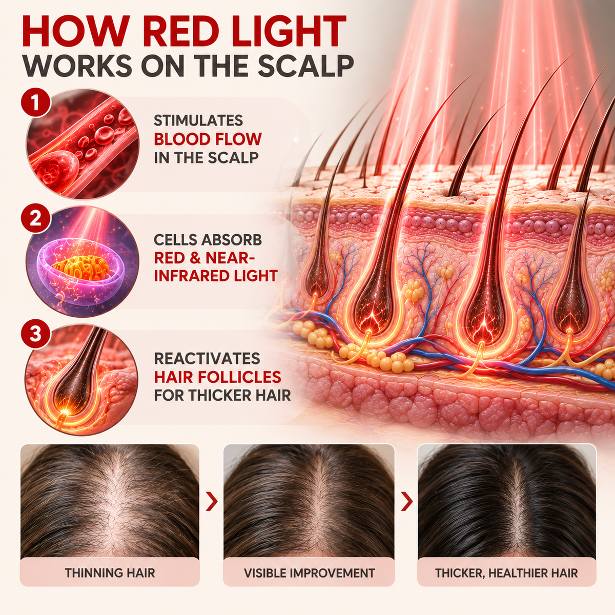 Infografic despre lumina roșie pe scalp, cu secțiune prin foliculii de păr și ilustrații ale densității părului.