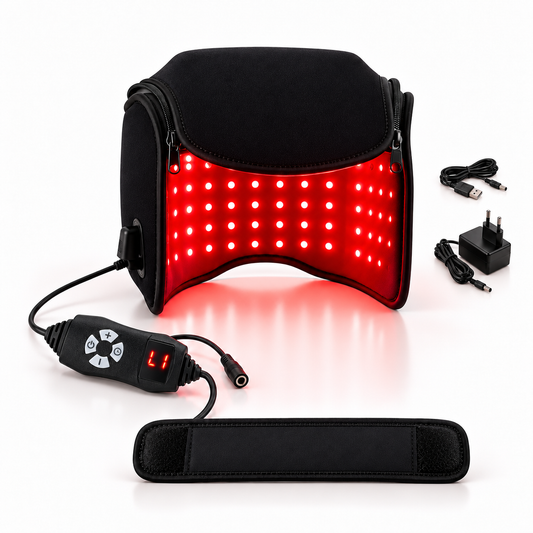 Cască LED LEDMINA cu luminile roșii aprinse, controler, bandă de fixare, adaptor și cablu USB.