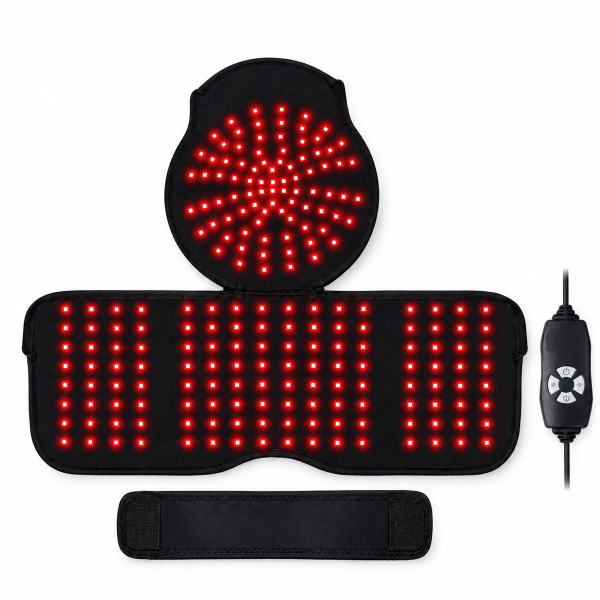 Cască LED desfăcută, văzută din interior, cu panourile luminoase aprinse, controler și bandă de fixare.