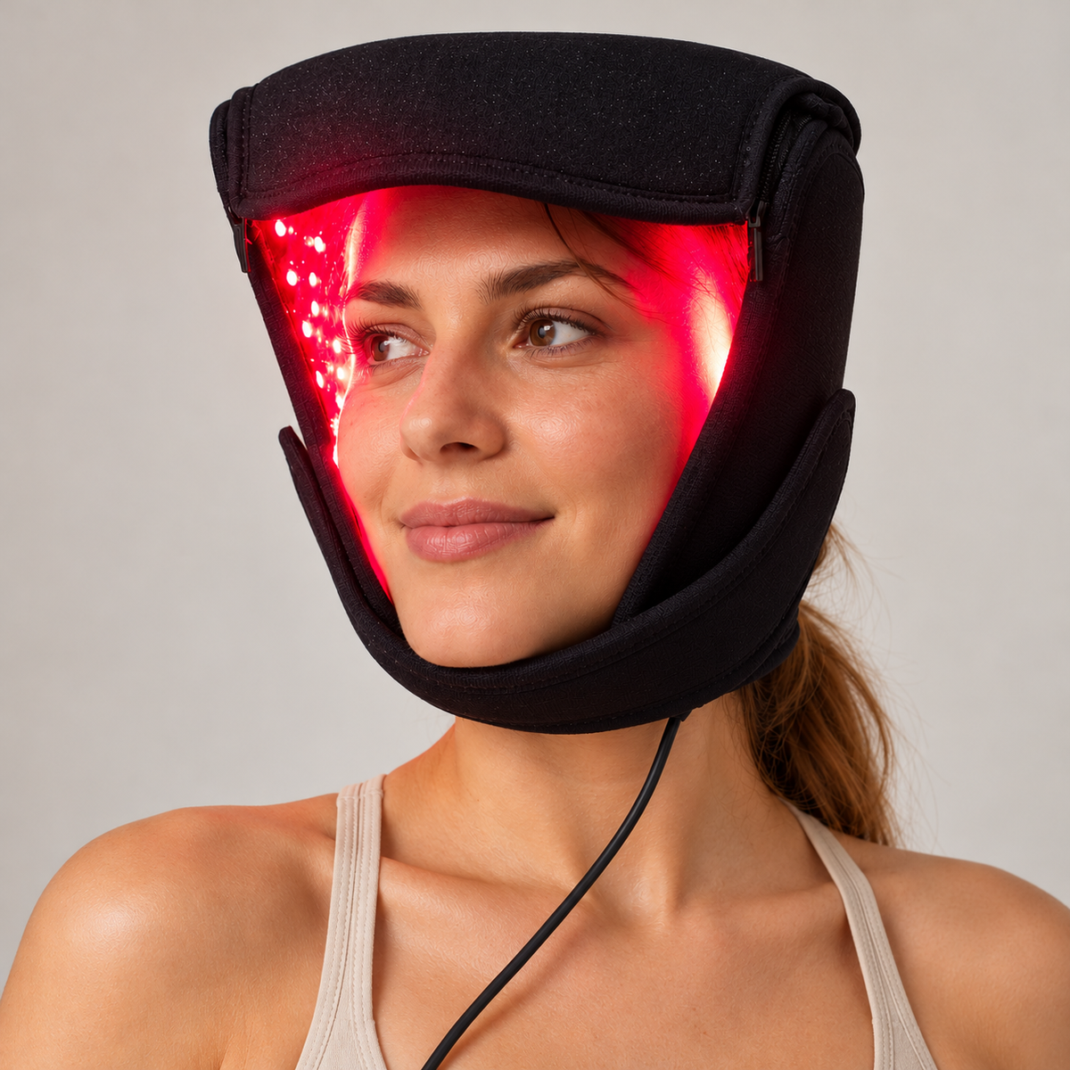Femeie purtând casca LED LEDMINA, fixată cu banda sub bărbie, cu lumina roșie aprinsă.