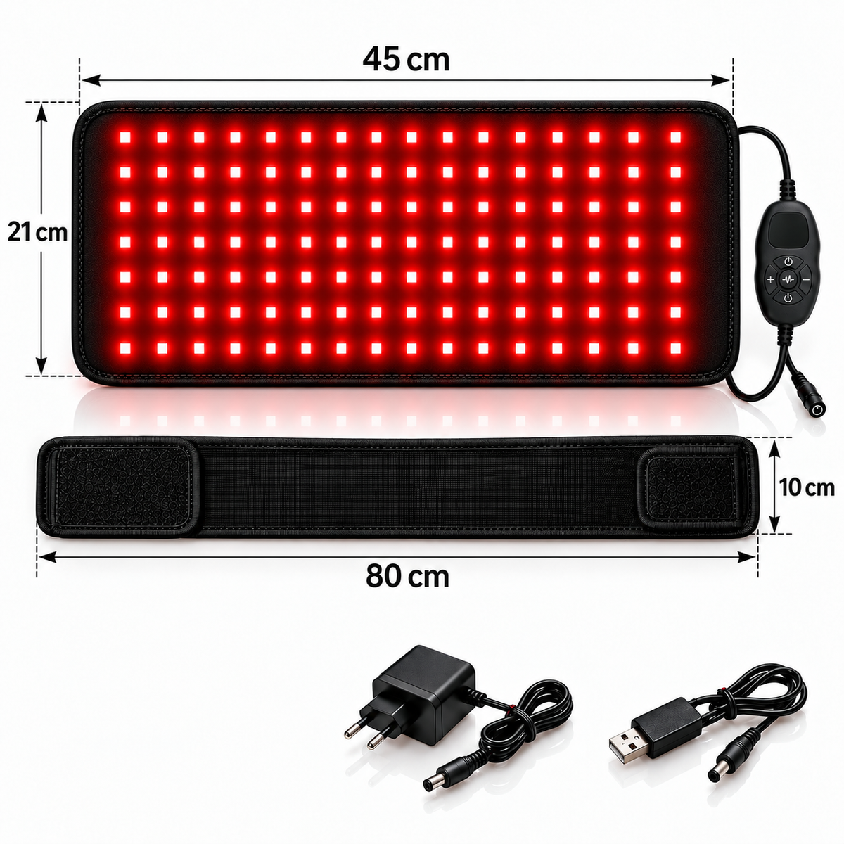 Centură LED de 45 × 21 cm, bandă de fixare de 80 × 10 cm, controler, adaptor și cablu USB.